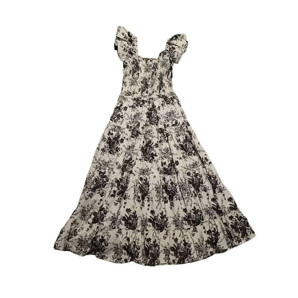 Lini Smocked Ruffle Sleeve Floral Midi Dress Ivory Black Women's Small